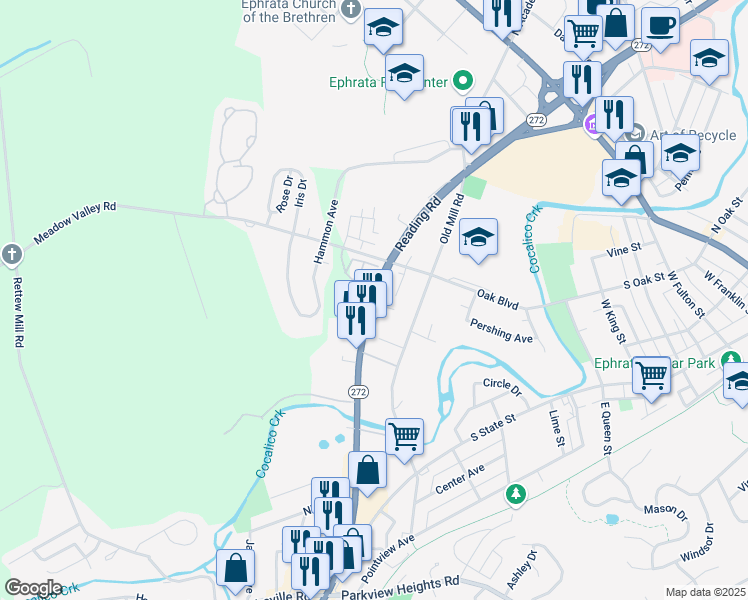 map of restaurants, bars, coffee shops, grocery stores, and more near 13 Crystal Avenue in Ephrata