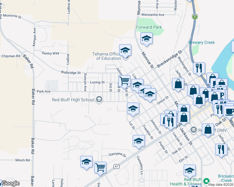 map of restaurants, bars, coffee shops, grocery stores, and more near 1359 2nd Street in Red Bluff