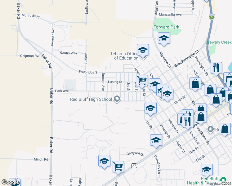 map of restaurants, bars, coffee shops, grocery stores, and more near 1345 4th Street in Red Bluff