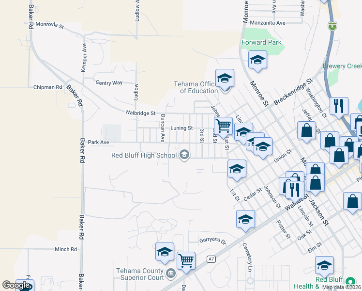 map of restaurants, bars, coffee shops, grocery stores, and more near 1345 4th Street in Red Bluff
