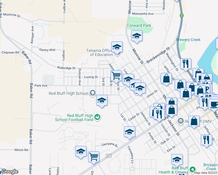 map of restaurants, bars, coffee shops, grocery stores, and more near 1359 2nd Street in Red Bluff