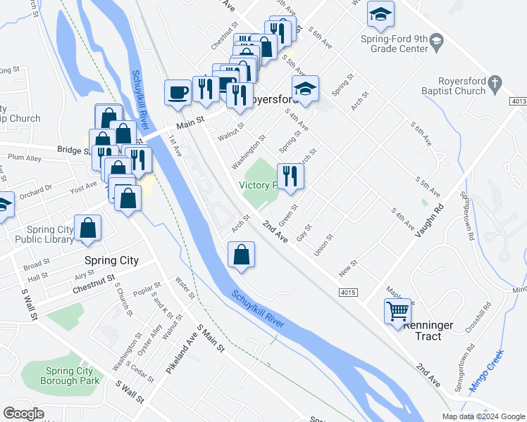 map of restaurants, bars, coffee shops, grocery stores, and more near 404 2nd Avenue in Royersford