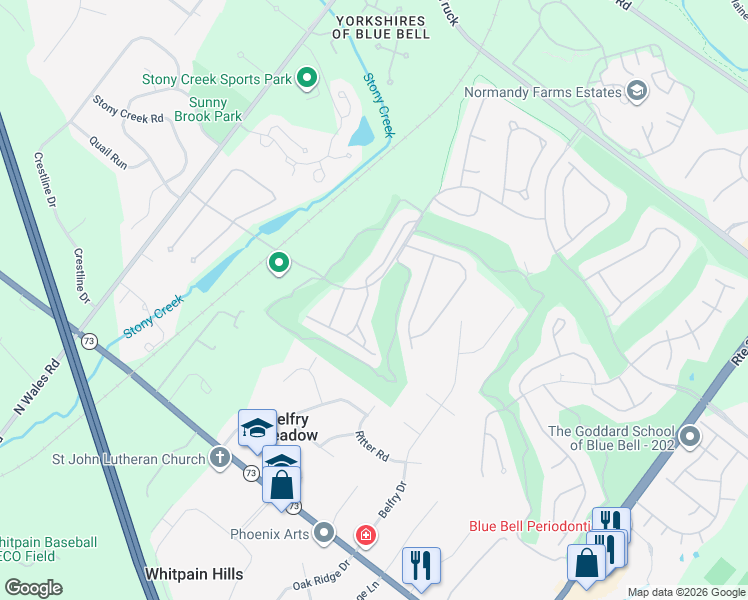 map of restaurants, bars, coffee shops, grocery stores, and more near 109 Gleneagles Drive in Blue Bell
