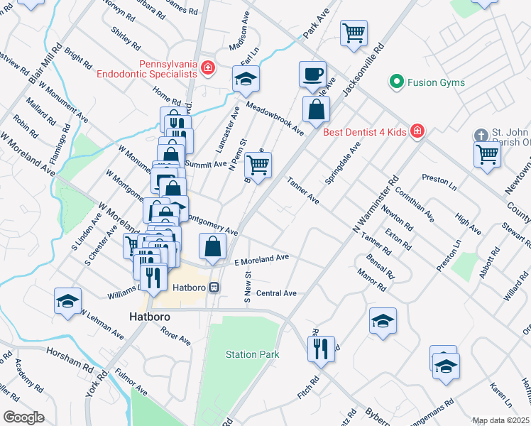 map of restaurants, bars, coffee shops, grocery stores, and more near 215 East Monument Avenue in Hatboro