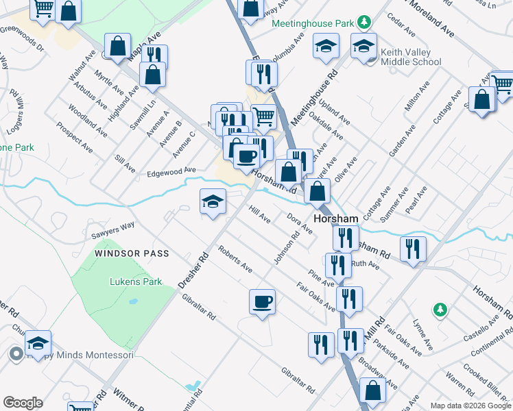 map of restaurants, bars, coffee shops, grocery stores, and more near 244 Hill Avenue in Horsham