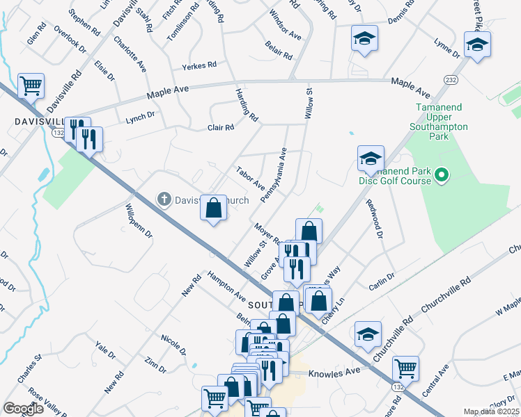 map of restaurants, bars, coffee shops, grocery stores, and more near 833 Pennsylvania Avenue in Bucks County