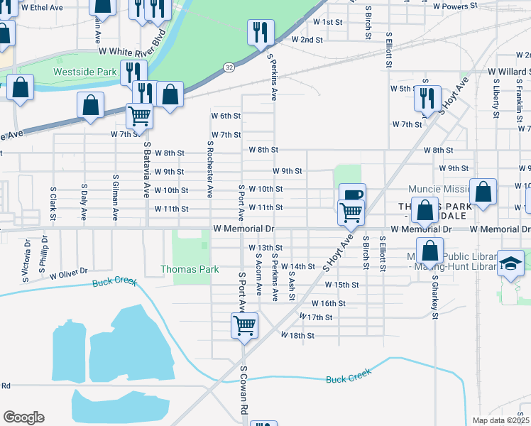 map of restaurants, bars, coffee shops, grocery stores, and more near 1511 West 11th Street in Muncie