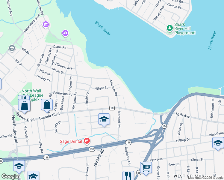 map of restaurants, bars, coffee shops, grocery stores, and more near 1607 Wight Street in Wall Township