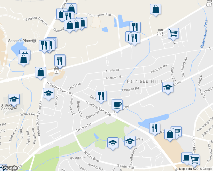 map of restaurants, bars, coffee shops, grocery stores, and more near 312 Berkshire Road in Fairless Hills