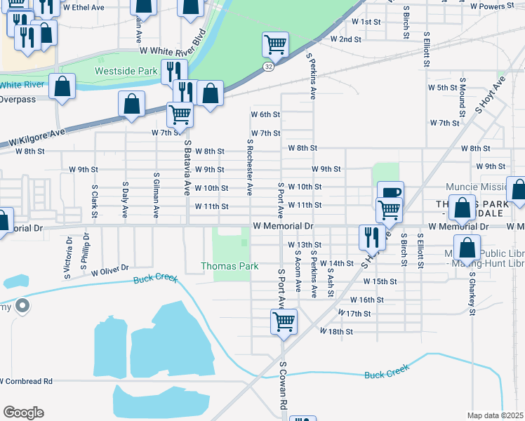 map of restaurants, bars, coffee shops, grocery stores, and more near 1817 West 11th Street in Muncie