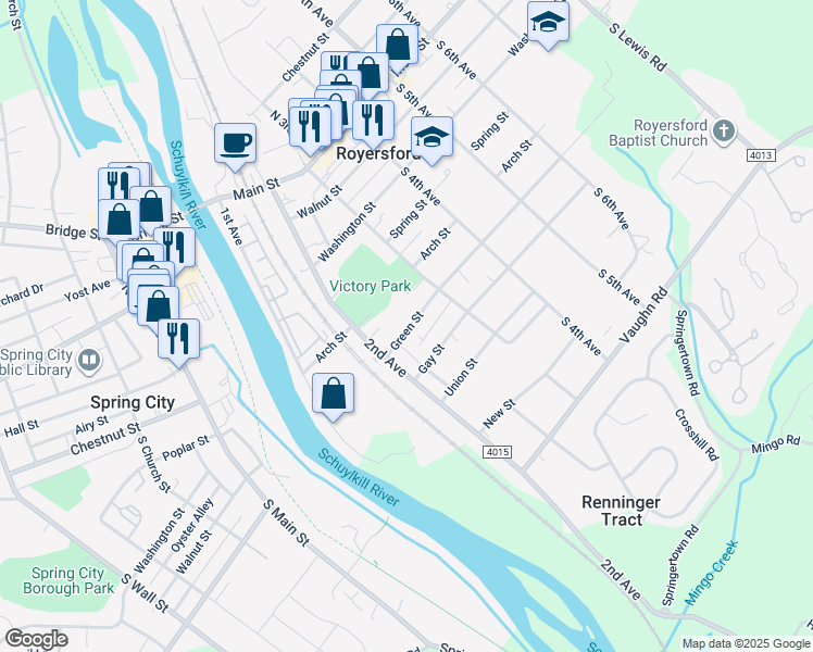 map of restaurants, bars, coffee shops, grocery stores, and more near 249 Green Street in Royersford