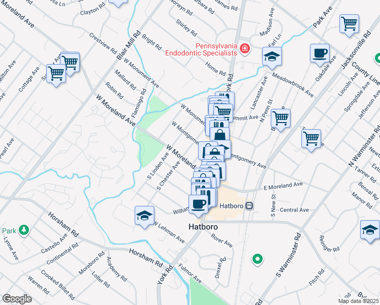 map of restaurants, bars, coffee shops, grocery stores, and more near 20 North Chester Avenue in Hatboro