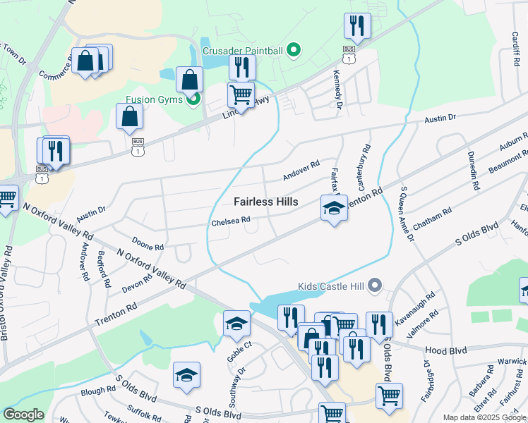 map of restaurants, bars, coffee shops, grocery stores, and more near 375 Chelsea Road in Fairless Hills