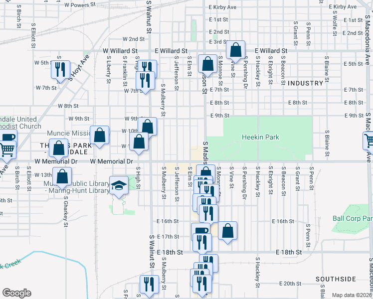 map of restaurants, bars, coffee shops, grocery stores, and more near 1803 South Elm Street in Muncie