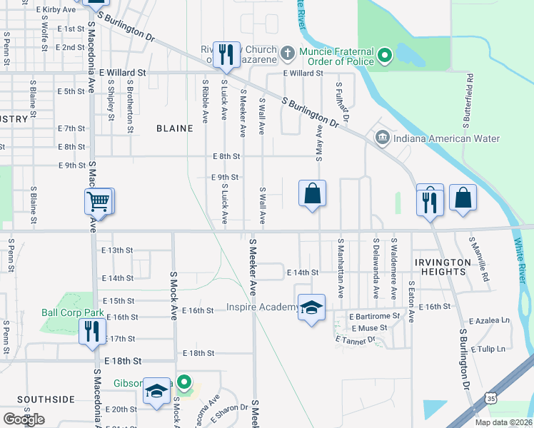 map of restaurants, bars, coffee shops, grocery stores, and more near 1807 S Wall Ave in Muncie