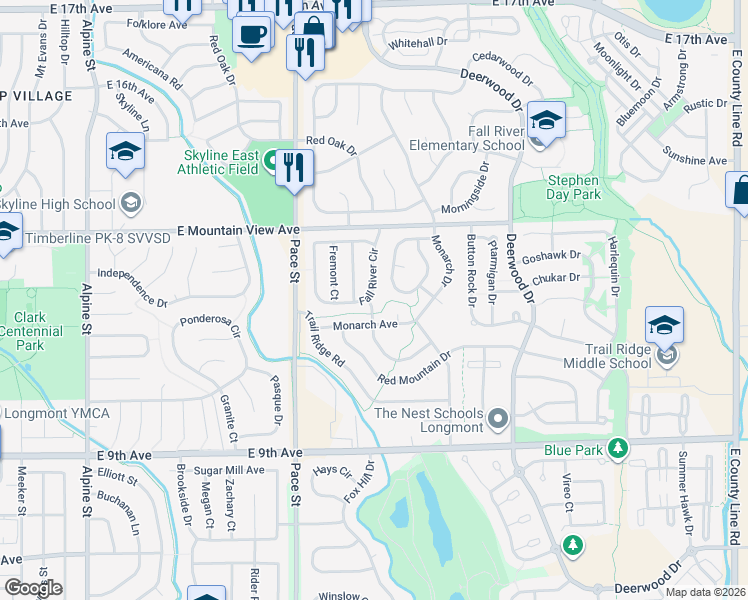 map of restaurants, bars, coffee shops, grocery stores, and more near 1264 Cumberland Drive in Longmont