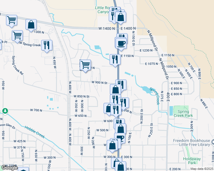 map of restaurants, bars, coffee shops, grocery stores, and more near 79 West 900 North in Springville