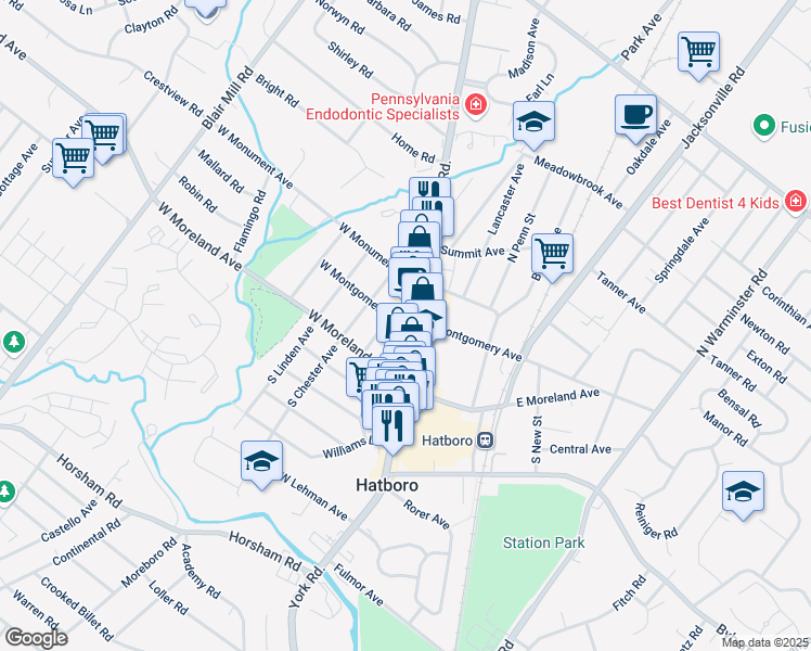 map of restaurants, bars, coffee shops, grocery stores, and more near 51 North York Road in Hatboro