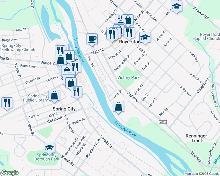 map of restaurants, bars, coffee shops, grocery stores, and more near 4107 Diamond Place in Royersford