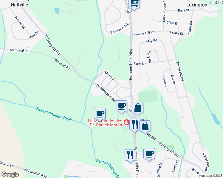 map of restaurants, bars, coffee shops, grocery stores, and more near 21 Plateau Road in Lititz