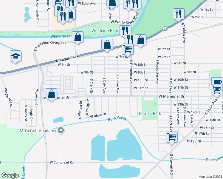 map of restaurants, bars, coffee shops, grocery stores, and more near 2409 West 11th Street in Muncie