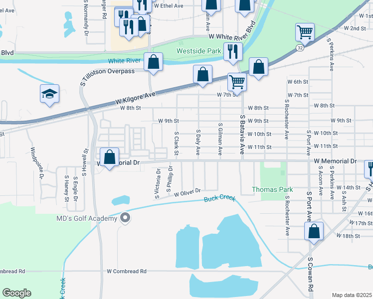 map of restaurants, bars, coffee shops, grocery stores, and more near 2525 West 11th Street in Muncie