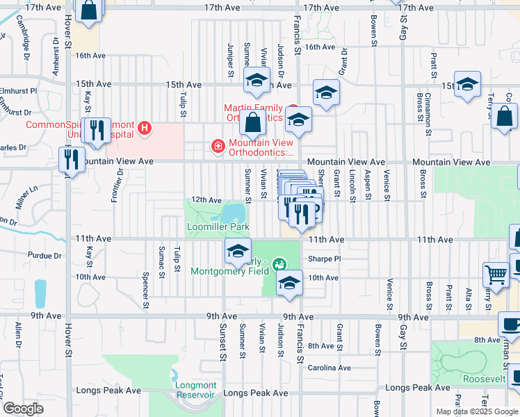 map of restaurants, bars, coffee shops, grocery stores, and more near 1147 Vivian Street in Longmont