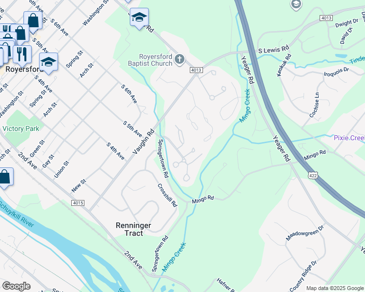 map of restaurants, bars, coffee shops, grocery stores, and more near 3 Roboda Boulevard in Royersford