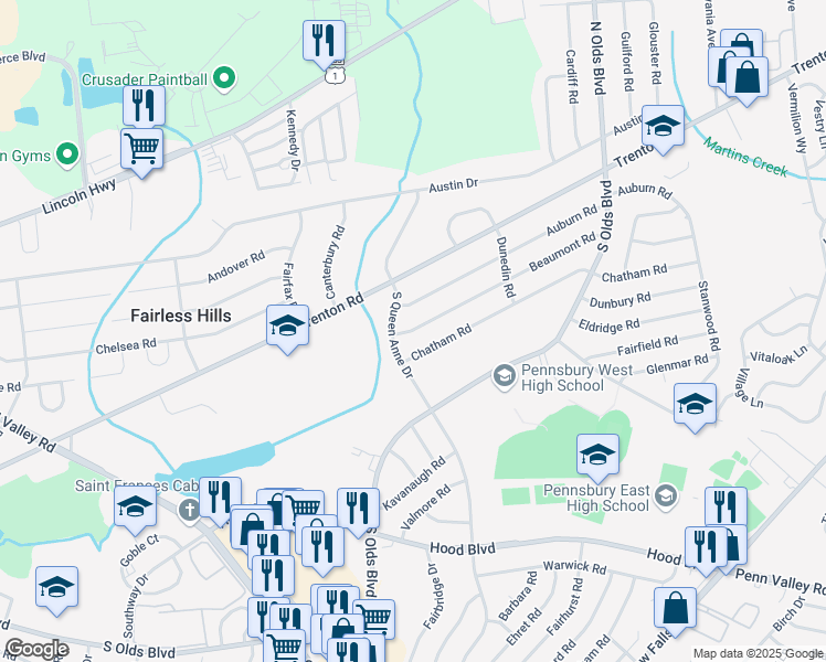 map of restaurants, bars, coffee shops, grocery stores, and more near 605 Beaumont Road in Fairless Hills