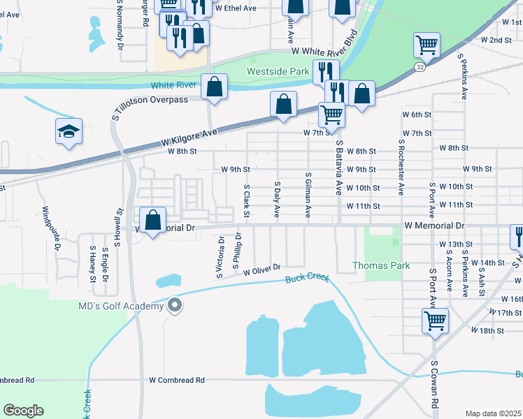 map of restaurants, bars, coffee shops, grocery stores, and more near 2525 West 11th Street in Muncie
