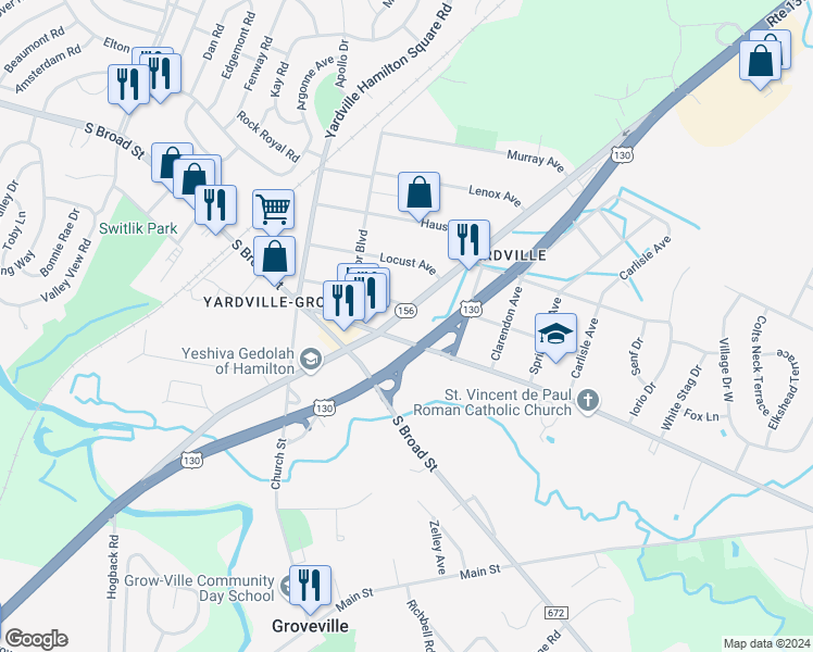 map of restaurants, bars, coffee shops, grocery stores, and more near 200 Yardville Allentown Road in Hamilton Township