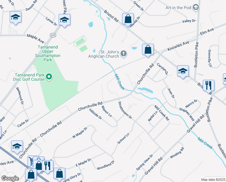 map of restaurants, bars, coffee shops, grocery stores, and more near 1175 Strathmann Drive in Bucks County