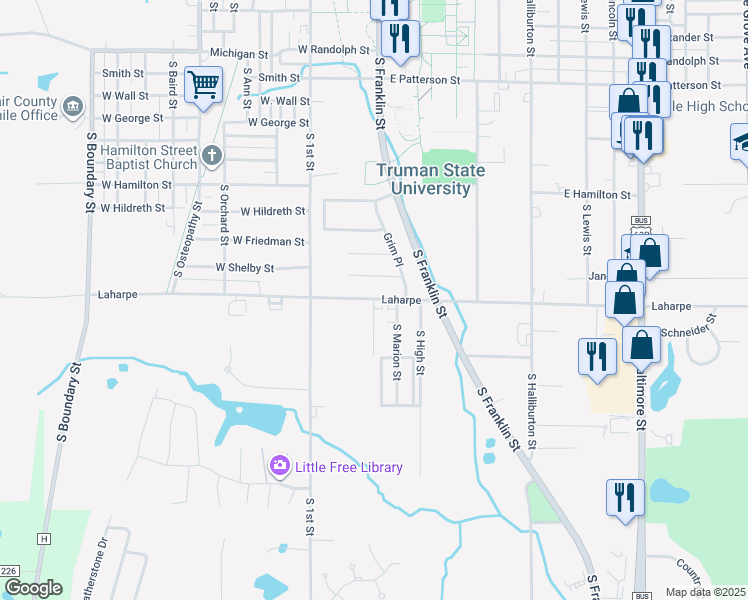 map of restaurants, bars, coffee shops, grocery stores, and more near 2101 Bartlett Street in Kirksville