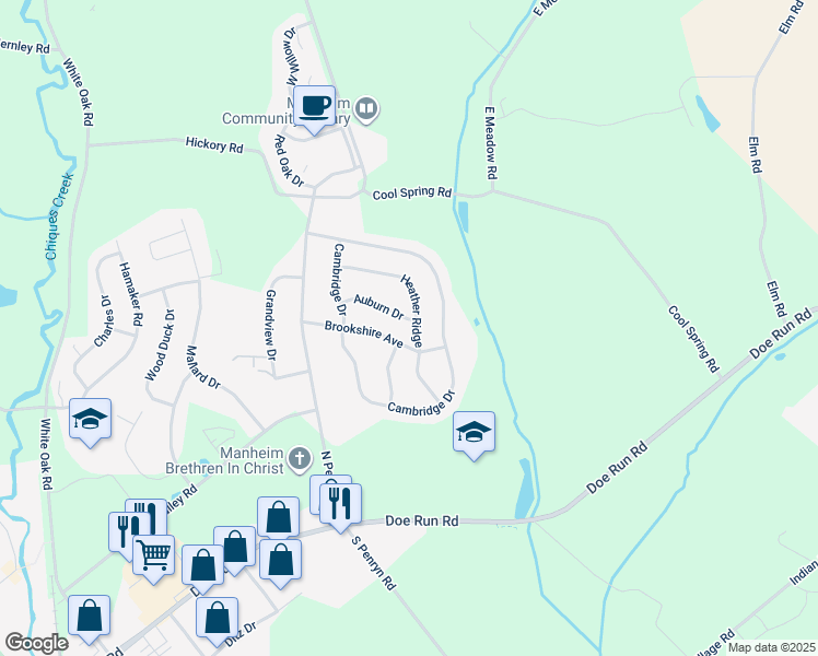 map of restaurants, bars, coffee shops, grocery stores, and more near 753 Heather Ridge in Manheim