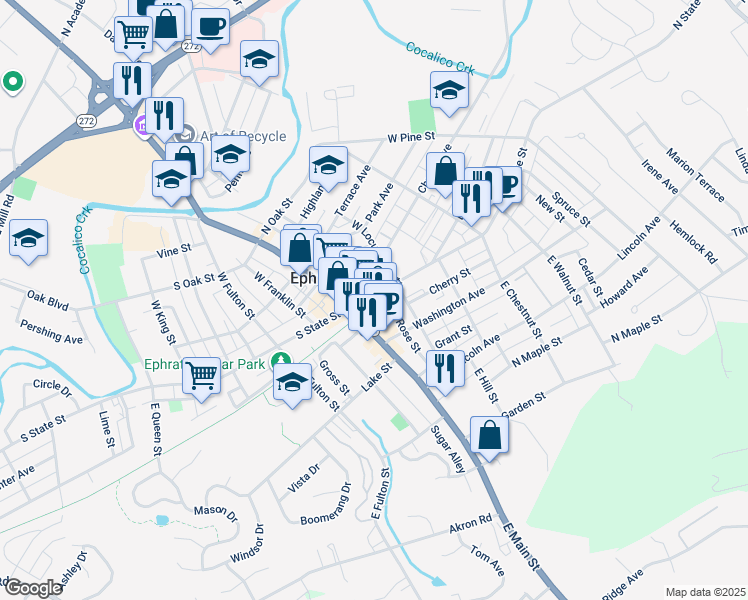 map of restaurants, bars, coffee shops, grocery stores, and more near 27 North State Street in Ephrata