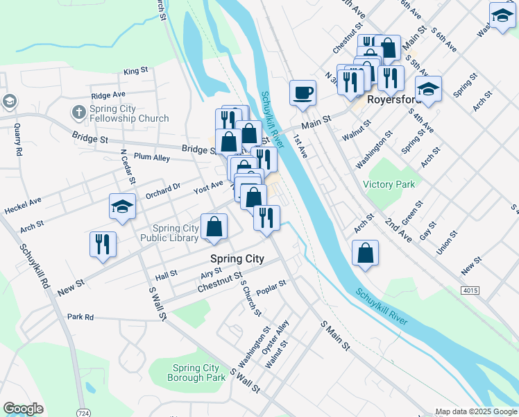 map of restaurants, bars, coffee shops, grocery stores, and more near 55 North Main Street in Spring City