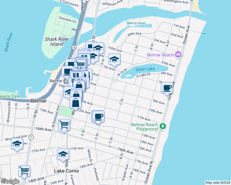 map of restaurants, bars, coffee shops, grocery stores, and more near 411 9th Avenue in Belmar