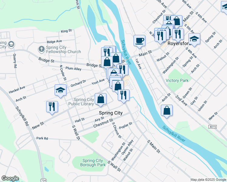 map of restaurants, bars, coffee shops, grocery stores, and more near 76 North Main Street in Spring City