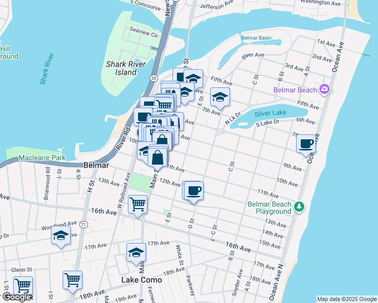 map of restaurants, bars, coffee shops, grocery stores, and more near 906 E Street in Belmar