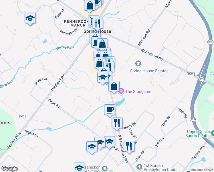 map of restaurants, bars, coffee shops, grocery stores, and more near 809 North Bethlehem Pike in Spring House