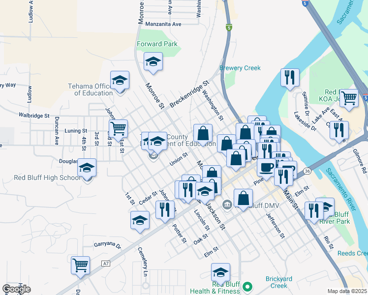 map of restaurants, bars, coffee shops, grocery stores, and more near 1125 Monroe Street in Red Bluff