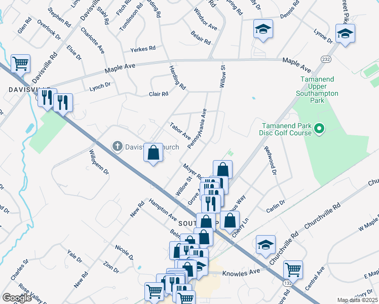 map of restaurants, bars, coffee shops, grocery stores, and more near 833 Pennsylvania Avenue in Bucks County