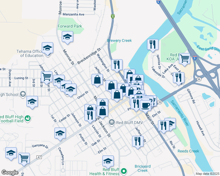 map of restaurants, bars, coffee shops, grocery stores, and more near 500 Cedar Street in Red Bluff