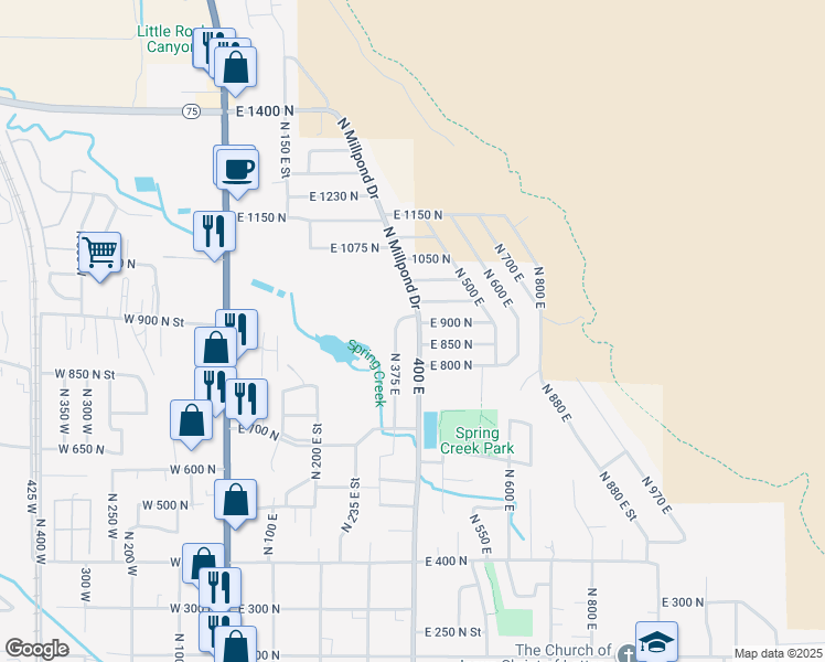 map of restaurants, bars, coffee shops, grocery stores, and more near 893 North 400 East in Springville