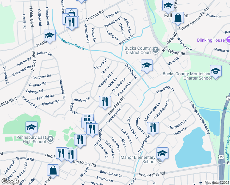 map of restaurants, bars, coffee shops, grocery stores, and more near 16 Vividleaf Lane in Levittown
