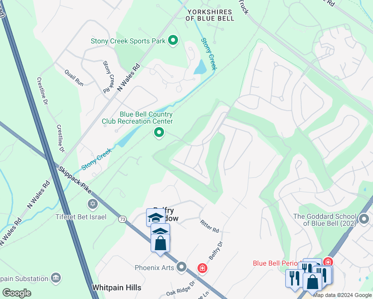 map of restaurants, bars, coffee shops, grocery stores, and more near 108 Shoal Creek Drive in Blue Bell