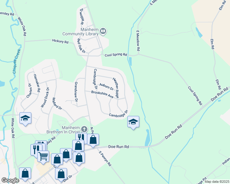map of restaurants, bars, coffee shops, grocery stores, and more near 753 Heather Ridge in Manheim