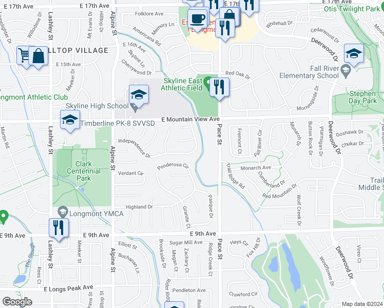 map of restaurants, bars, coffee shops, grocery stores, and more near 733 Independence Drive in Longmont