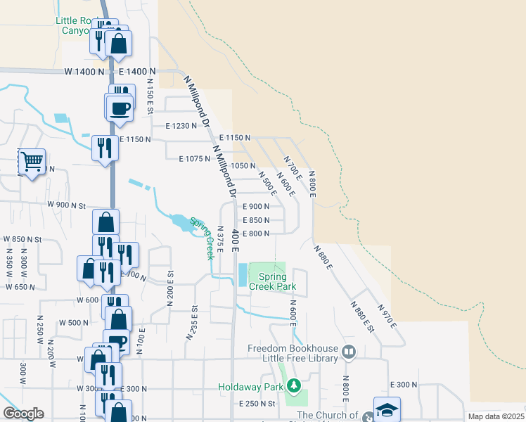 map of restaurants, bars, coffee shops, grocery stores, and more near 458 East 900 North in Springville