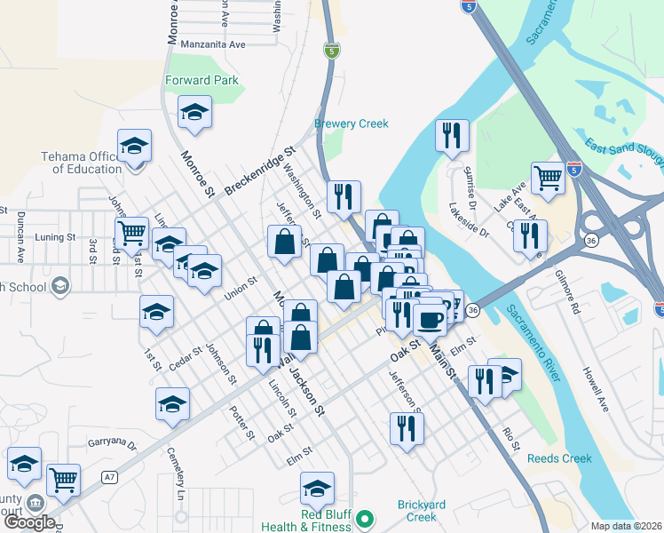 map of restaurants, bars, coffee shops, grocery stores, and more near 500-548 Cedar Street in Red Bluff